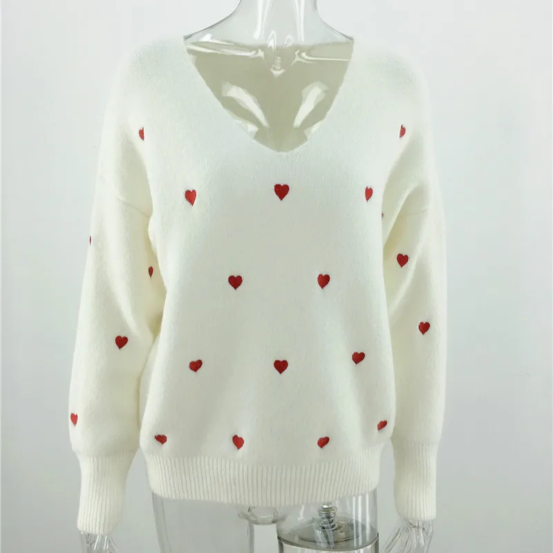 

Autumn Winter Women Casual Loose Pullovers Women V-neck Knitted Sweaters Heart Cute Long Sleeve Pullover Knitting Sweater