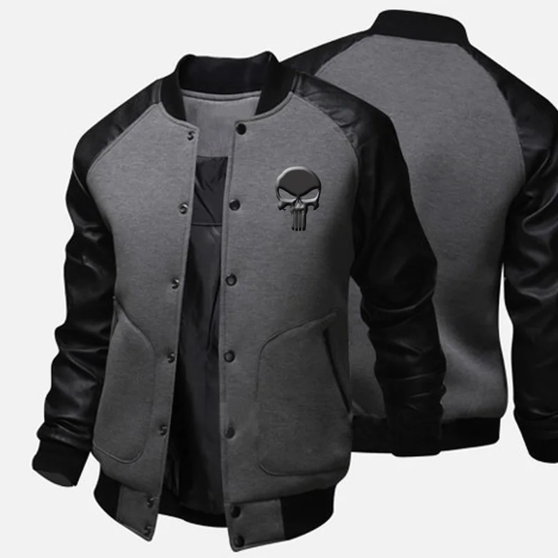 

Skull Print Mens Baseball Jacket Autumn Cool Outwear Jacket Patchwork Stand Collar Casual Slim Fit Jackets and Coats for Men