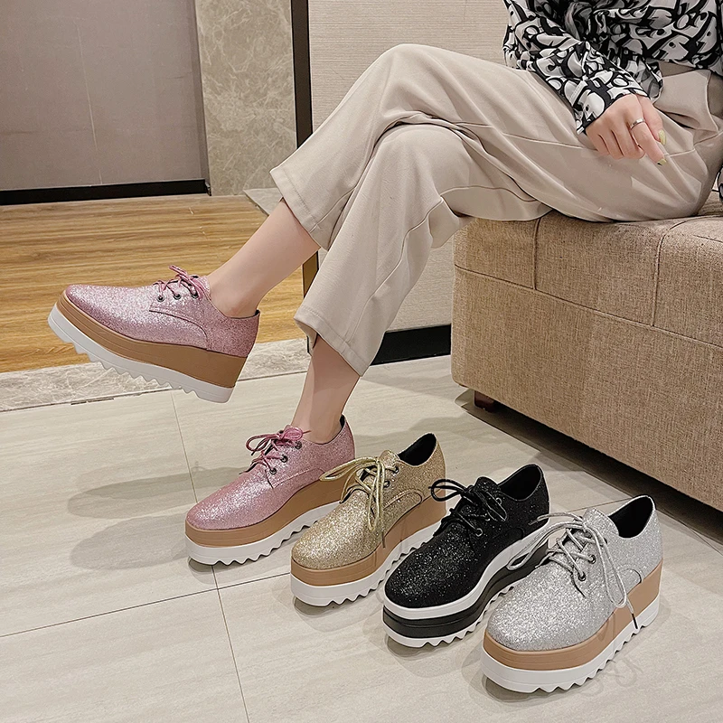 

2021 Ladies Platform Shoes PU Vulcanized Shoes Lace-up Shoes Creeper Retro Snake Pattern Light-colored Sole Casual Shoes