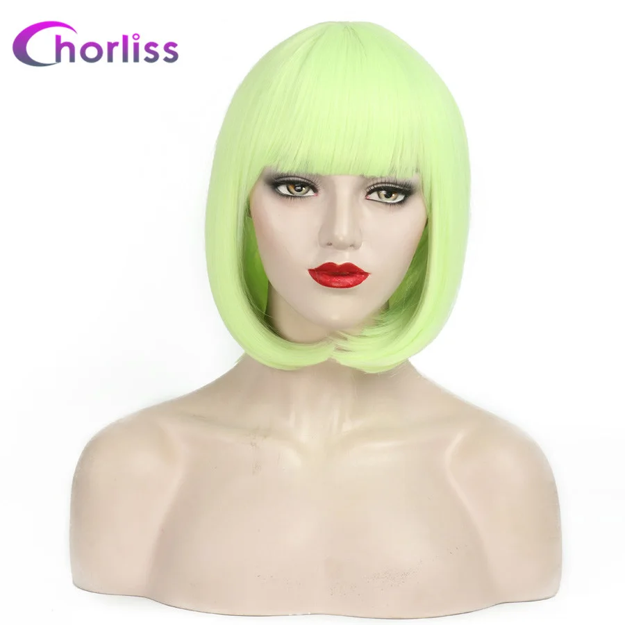 Fluorescent Green Парики из искусственных волос короткий прямой Боб женские парики с бахромой Chorliss искусственные волосы розовый белый зеленый красный коричневый фиолетовый Косплей парики - Цвет: Fluorescent Green