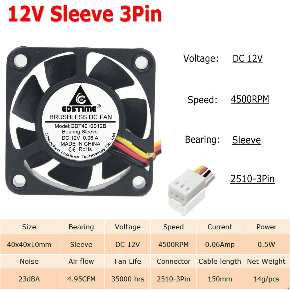10 шт./Партия Кулер 40x40x10 мм 4010 2Pin 3Pin Dupont USB 5 в 12 В 24 в 40 мм 4 см DC чехол для компьютера Бесщеточный вентилятор охлаждения Втулка с отверстиями для шариков - Цвет лезвия: 12V Sleeve 3Pin