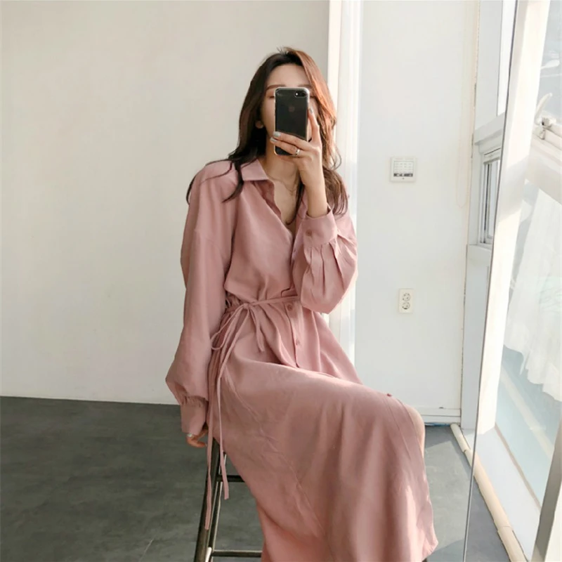 Элегантное женское платье рубашка Mazefeng с отложным воротником однобортное