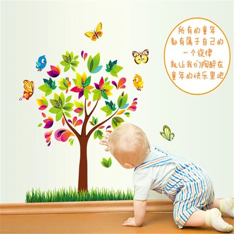 Красочные наклейки на стену с птицами бабочками цветами деревьями виниловые