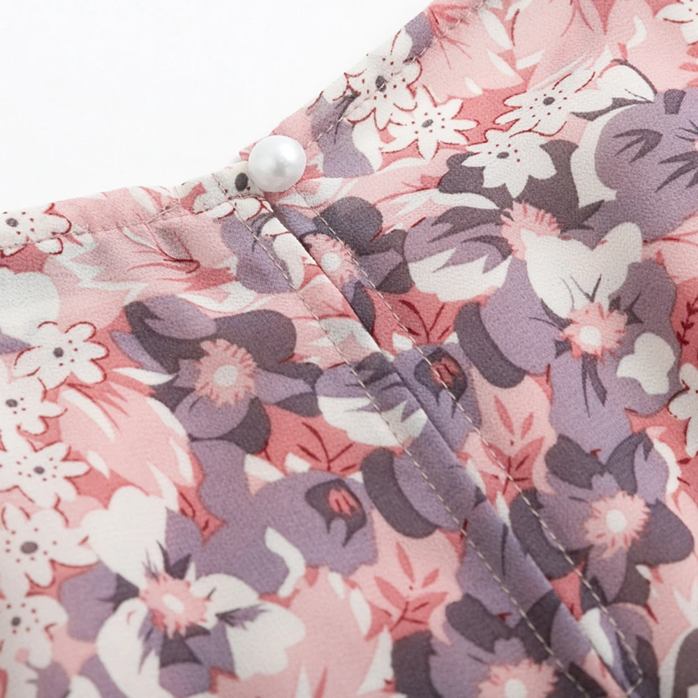

Women Floral Print Ruffles Dress Elegant Puff Sleeve A-line Chiffon Sash Dress High Waist Work Wear Office Lady Pink Dress 2020