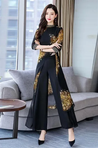 Женский шифоновый костюм из двух предметов винтажная блузка с цветочным принтом