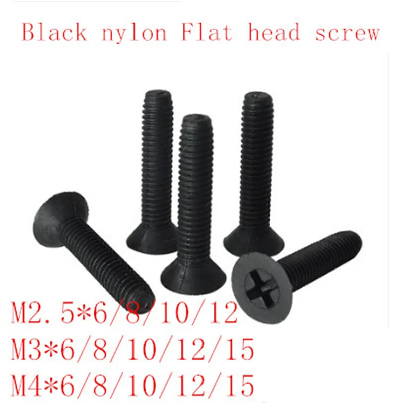 

50pcs M2.5 M3 M4*6/8/10/12/15/20 black cross flat plastic screw Nylon insulated screw countersunk head cross bolt screw