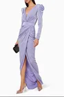 Verngo элегантные разноцветные светильник фиолетовый креп Для женщин Формальные Вечерние платья одежда с длинным рукавом V образным вырезом плиссированное платье с разрезом спереди Простой макси наряд