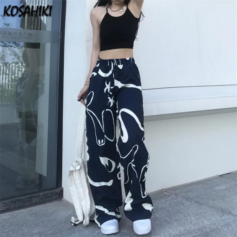 

KOSAHIKI Harajuku Graffiti Print Woman Japanese Dark Goth Pants Punk Hip-Hop Casual Straight-Leg Pants 2021 Streetwear Trousers