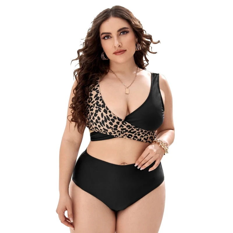 

XL-4XL Plus Size Swimwear for Women Leopard Print Sexy Bandage Swimsuit Woman 2021 New Female High Waist Two Piece Bathing Suits