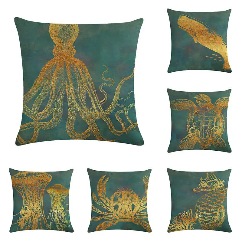 

45*45cm Golden line marine animal turtle print Cushion Cover Linen Throw Pillow Car Home Decoration Decorative PillowcaseT419