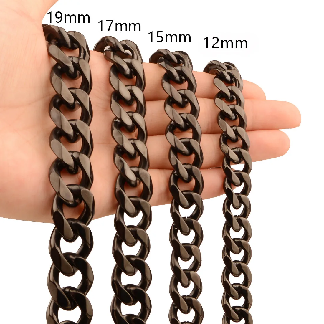 

Granny Chic Cuban Link Chain Necklace for Men Women, Black Tone Stainless Steel Jewelry, Flat Clasp,12/15/17/19mm wide,7-40inch