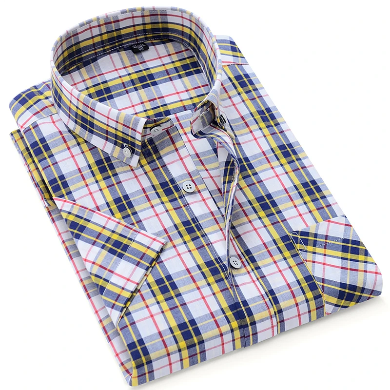 Мужская рубашка Повседневная с коротким рукавом 100% хлопок в клетку полоску