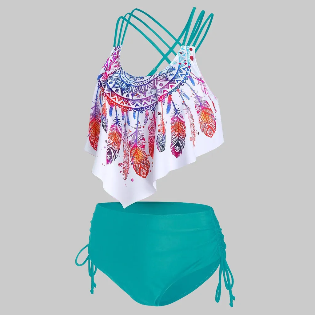 Сексуальный купальник-бикини с высокой талией и круглым вырезом принтом перьев
