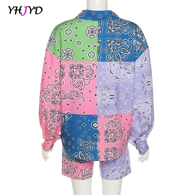 

Turn-down Collar Single Breasted Shirt & Shorts Two Piece Set Women 2021Casual Long Sleeve Asymmetric Printed Stitching Suit