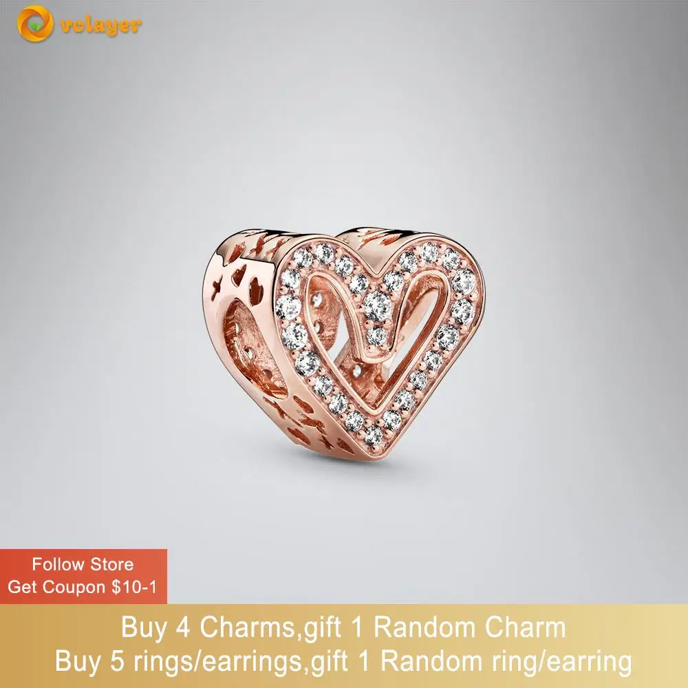 

Volayer S925 Silver Beads Sparkling RoseFreehand Heart Charm fit Original Pandora Bracelets DIY Jewelry for Women