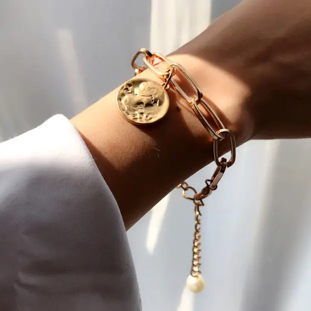 Flatfoosie Charms Multilayers Pearl Coin Chain Bracelet Bangles For Women Fashion Gold Color Portrait Bracelets Femme Jewelry