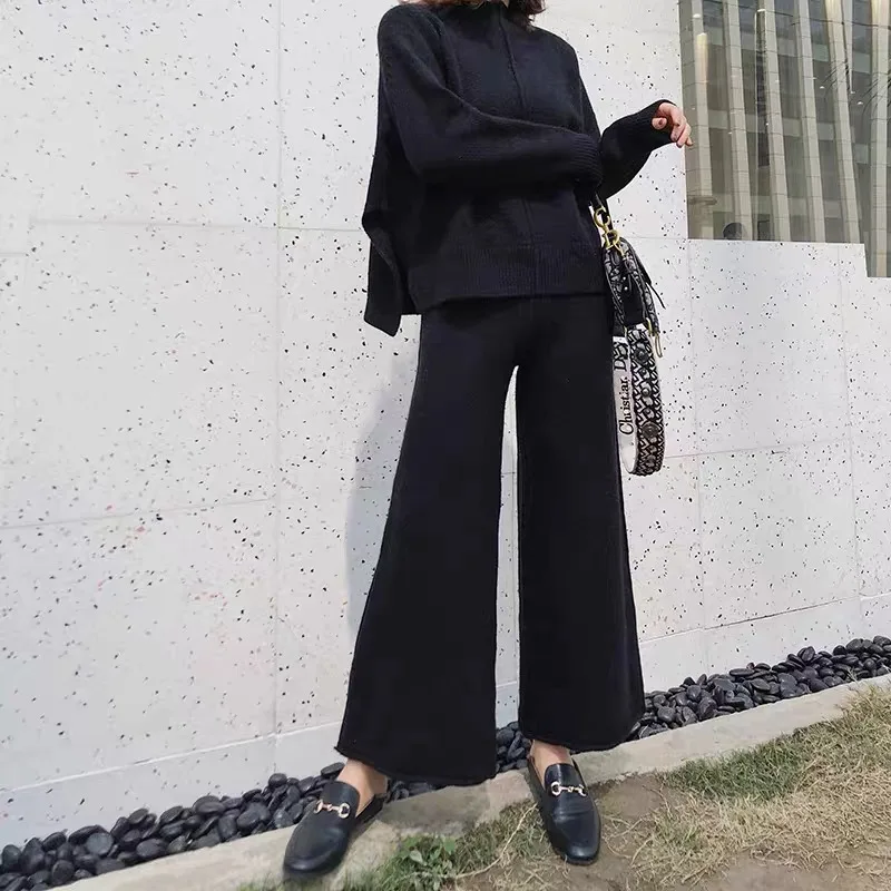 

Two Piece Set Pullover Sweater Tracksuit Women High Waist Knit Wide Leg Pants Women Suit 2 Piece Set Women Winter 2020