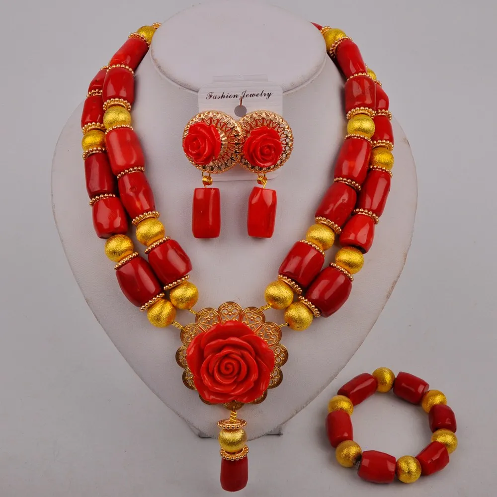Цветочный красный коралловый комплект модное ожерелье африканские бусы