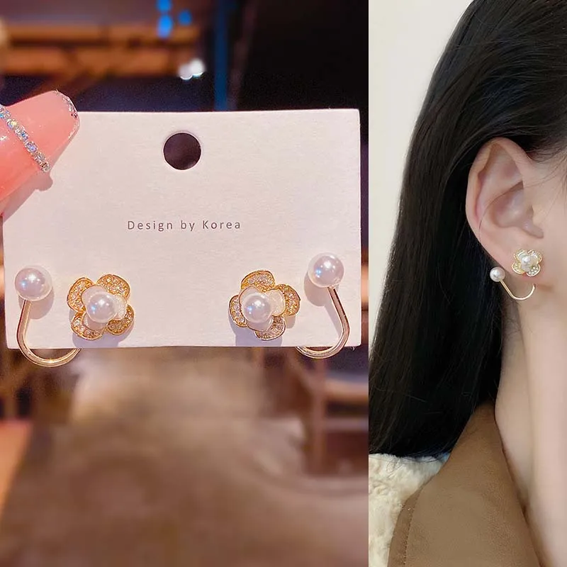 

Elegant Flower Pearl Stud Earrings For Women Fashion Gold Plated Rhinestone Two Wear Earring Girls Wedding Birthday Jewelry Gift