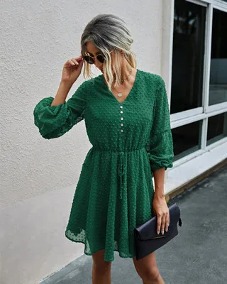 

Autumn Products V-neck Button Long Sleeve Solid Color Ladies Dress Elastic Waist Lantern Long Sleeve Lace Up Onepiece Mini Skirt