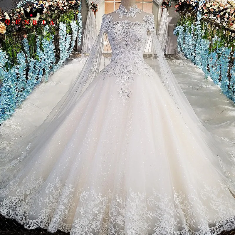 Luxury Ball Gown High Neck Big Train Puffy Skirt Sequins Tulle Lace Beading Crystal Wedding Dresses Bridal Gowns XN03 | Свадьбы и