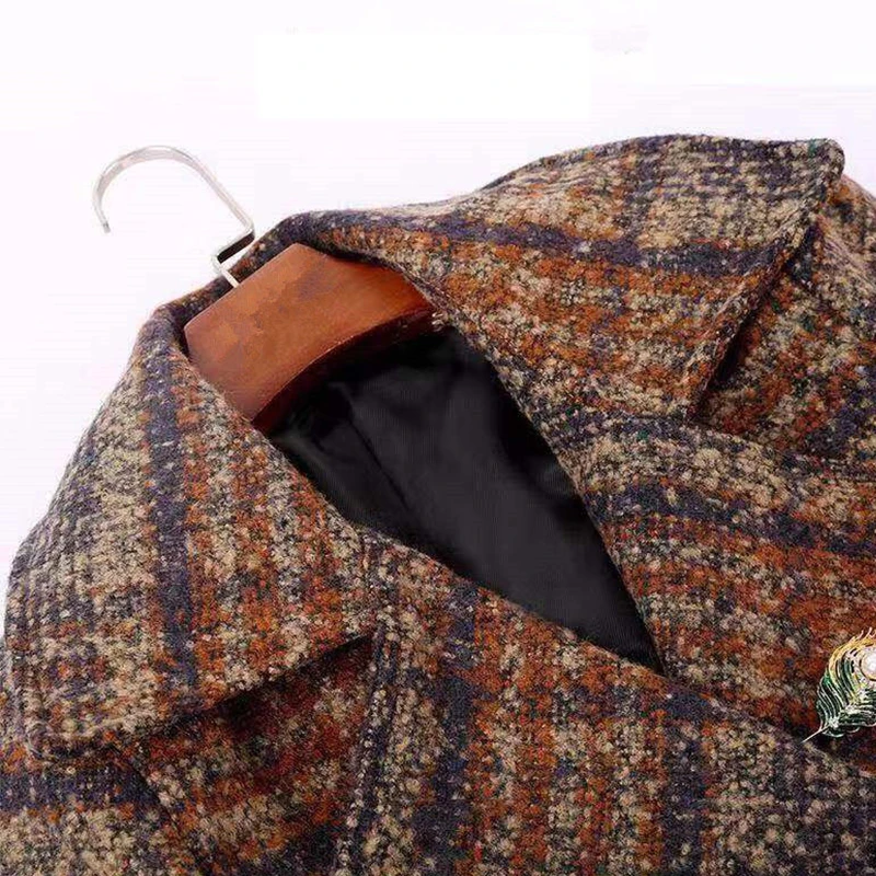 

2021 Autumn Winter Women Warm Coat Elegant Plaid Outwear Female Big Pocket Loose Mid-long Coat