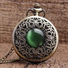 Изысканный изумрудно-зеленый камень бронза чехол кварцевые карманные Смотреть Простой циферблат FOB цепи ожерелье кулон часы для мужчин и женщин