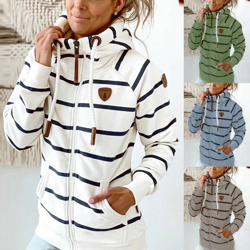 

Winter Women Jacket Fashion Striped Zipper Pocket Hooded Jacket Retro Loose Long Sleeve Plus Size Top Coat Women Hoodies