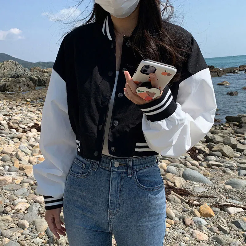 

Striped Crop Baseball Jacket Women 2021 New Casual Thin Loose Short Bomber Jackets Autumn Retro Streetwear Female Coat Outerwear