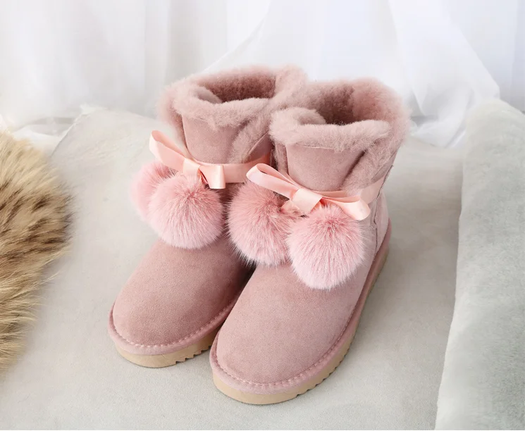 dark pink G& Zaco/роскошные ботинки из натуральной овечьей кожи; женские ботинки из овечьей шерсти; австралийские снежные сапоги сладкие зимние ботинки на плоской подошве с мехом лисы и бантом - Цвет: dark pink