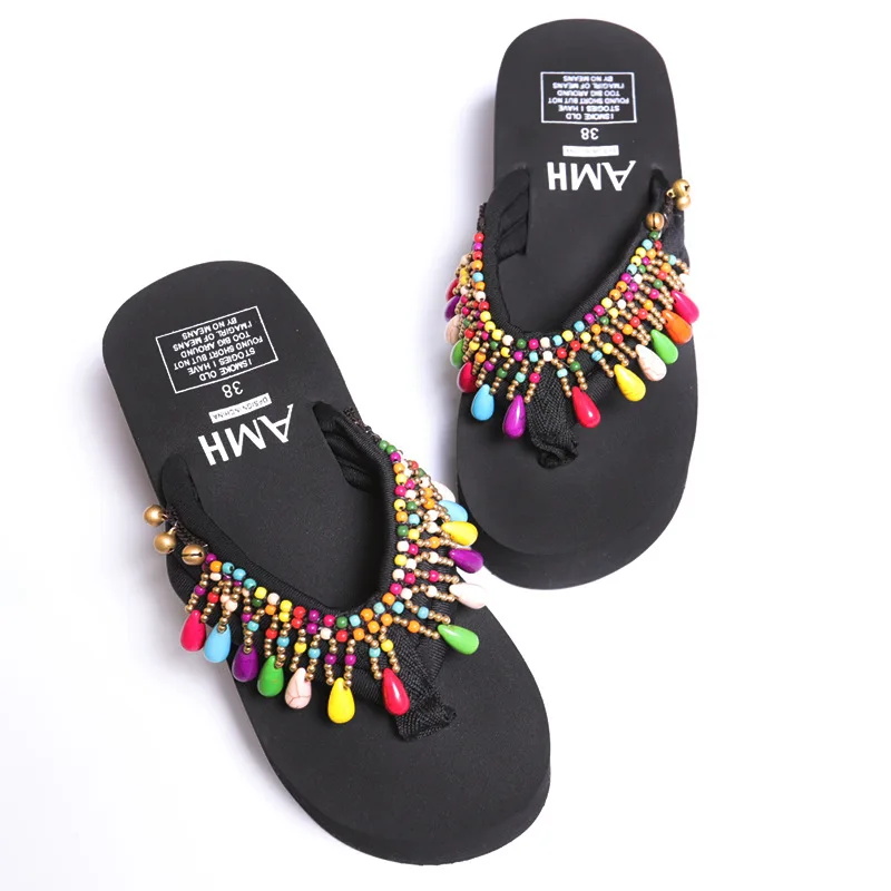 

Beach Shoes Ladies' Slippers Platform Med Slipers Women Rubber Flip Flops On A Wedge Sabot 2021 Hawaiian Ethnic Fabric Slides PU