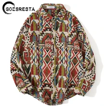 Retro Geometric Pattern Long Sleeve Woolen Shirt Men Streetwear Hip Hop Oversized Shirts Brand Harajuku Casual Fashion Men Shirt