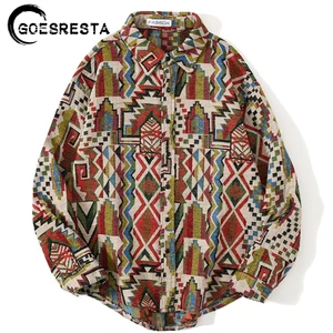 retro geometric pattern long sleeve woolen shirt men streetwear hip hop oversized shirts brand harajuku casual fashion men shirt free global shipping
