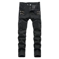 mens pockets cargo biker jeans slim straight stretch denim pants zippers pleated trousers black army green