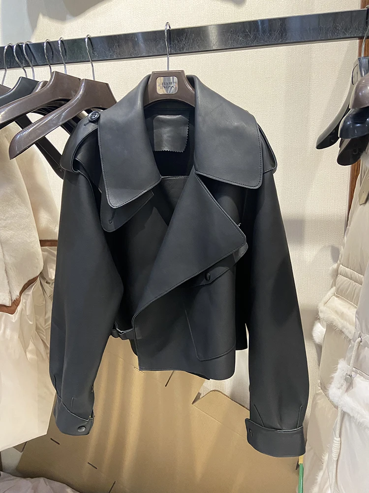 

Hot Sale Spring Loose Genuine Long Sleeve Sheepskin Leather Jacket Women Fashion Motorcycle Biker Leather Female Outerwear