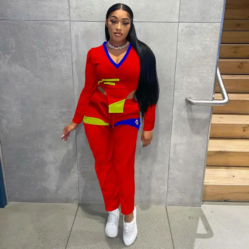 

Осенняя одежда, сексуальный комплект из двух предметов, женский укороченный Топ с длинным рукавом и V-образным вырезом с принтом и брюки, ком...