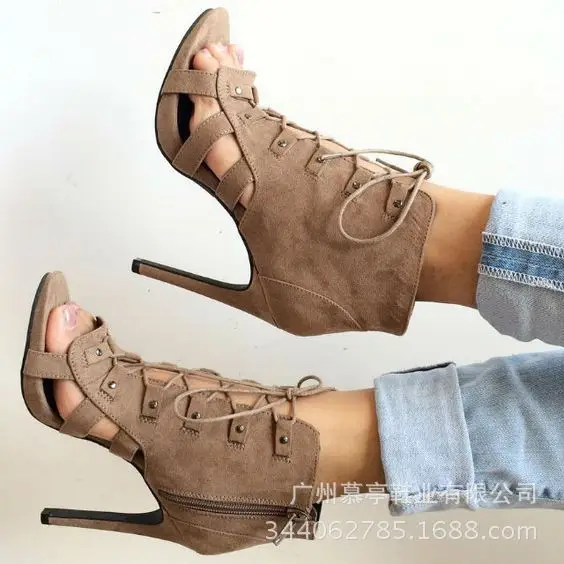 

Summer dark brown suede cross strapping sexy stage boots