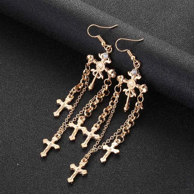 Design cross earrings 3 tassel pendant ladies punk fashion bohemian long 2019 European and American new |