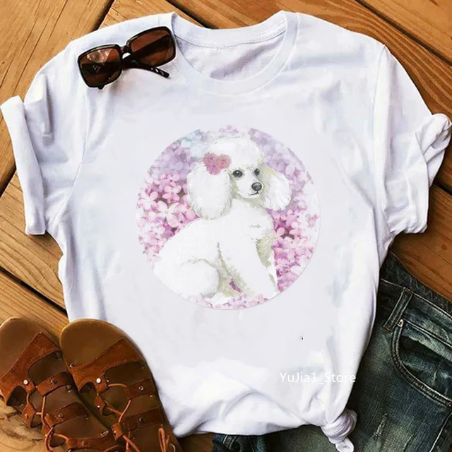 

Cute Pink poodle animal print white t shirt women dog mom lover shirt Mothers day gift summer 2022 woman clothes custom tshirt