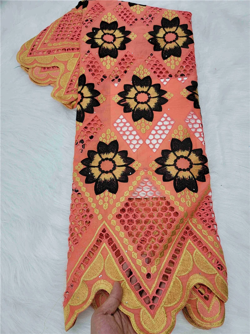 

gold thread embroidery style newcoming eyelet cotton lace fabric 5yards african swiss voile lace for women dress