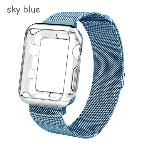 sky blue Ремешок+ чехол для apple watch Band Milanese Loop apple watch 4 3 band iwatch band 42 мм 38 мм correa 44 мм/40 мм pulseira ремешок для часов - Цвет ремешка: sky blue