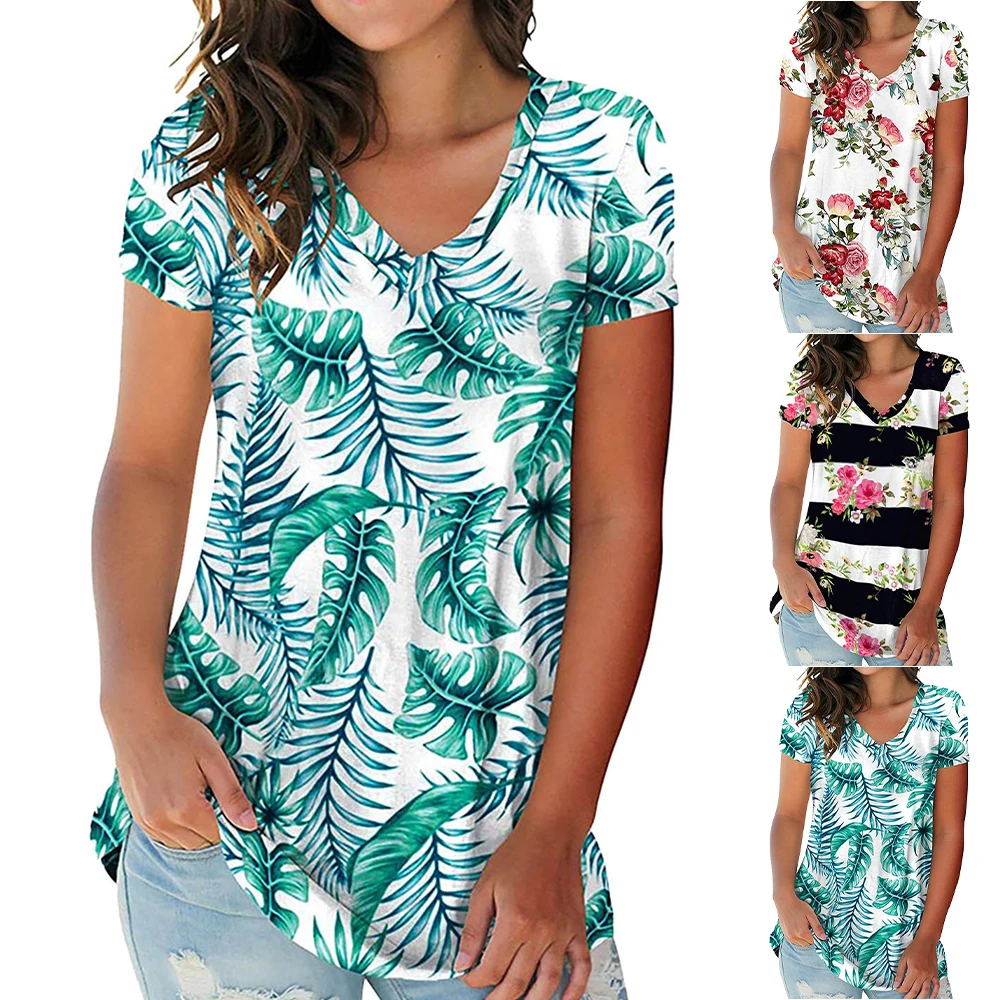 

VICABO Women Clothes Printed Flowers Short Sleeves V-neck Style Tees Summer 2021 Women T-shirts