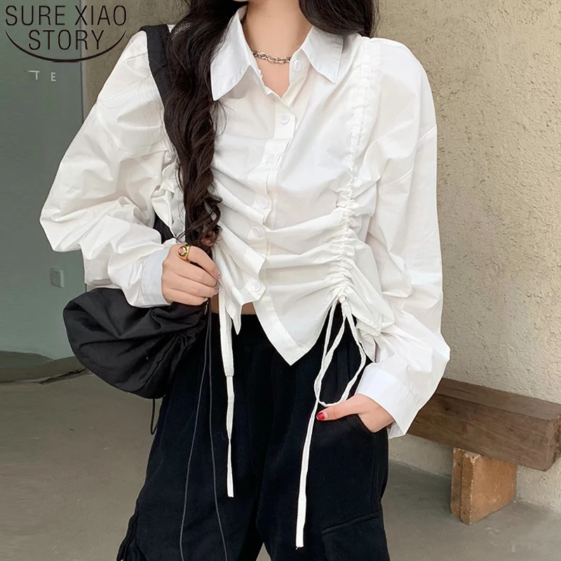 

Autumn Long Sleeve Blouse Turn Down Collar Casual Loose White Shirt Cotton Fashion Drawstring Shirt Women Tops Clothes 17941