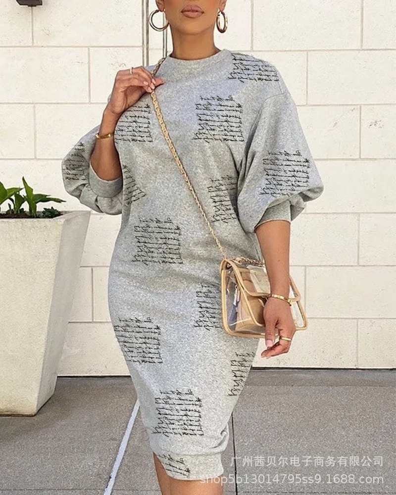 

Donsignet New Printing Round Neck Hoodie Dresses for Women Office Lady Knitting Dresses Women