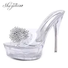 Женские шлепанцы на очень высоком каблуке 14 см, летние, прозрачные, со стеклянными бусинами, с открытым носком, на высоком каблуке, свадебные, праздничные, 2021
