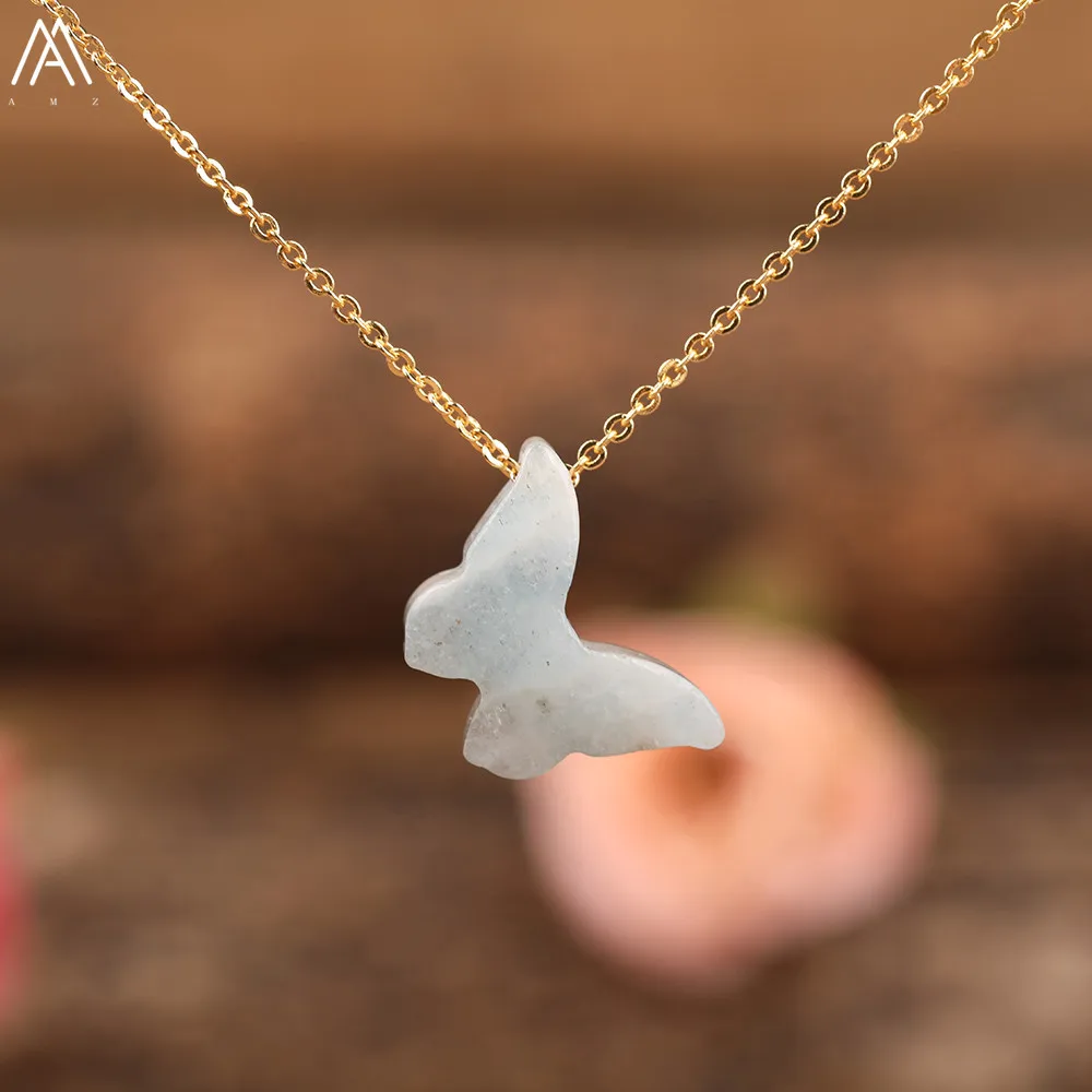 Женское ожерелье с подвеской-бабочкой черным агатом и лунным камнем | Украшения