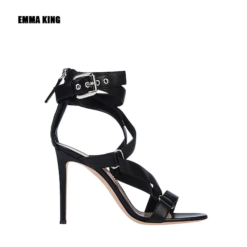 

Женские босоножки-гладиаторы на высоком каблуке, черные Босоножки с открытым носком и металлической пряжкой, на весну, 2021