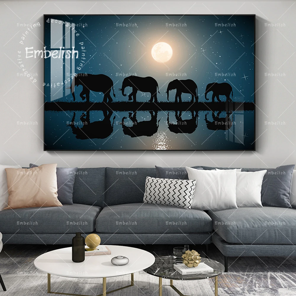 Семейный плакат с изображением слонов ходящих по луне Ночной пейзаж картины для