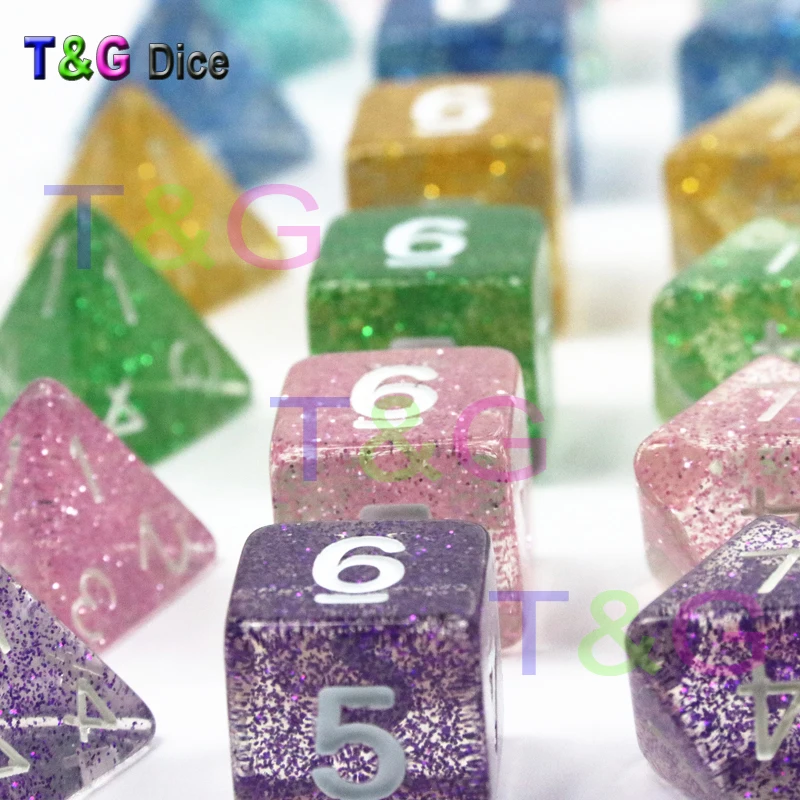 Оптовая продажа 7 шт./лот набор сверкающих кубиков D4 d6 d8 d10 % d12 d20 для настольной