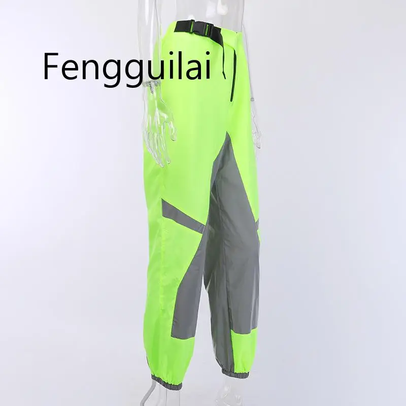 

FENGGUILAI NEW Reflective Stitching Bag Buckle Tapered Casual Pants Fashion Summer/autumn Women High Waist Street Belt Pants